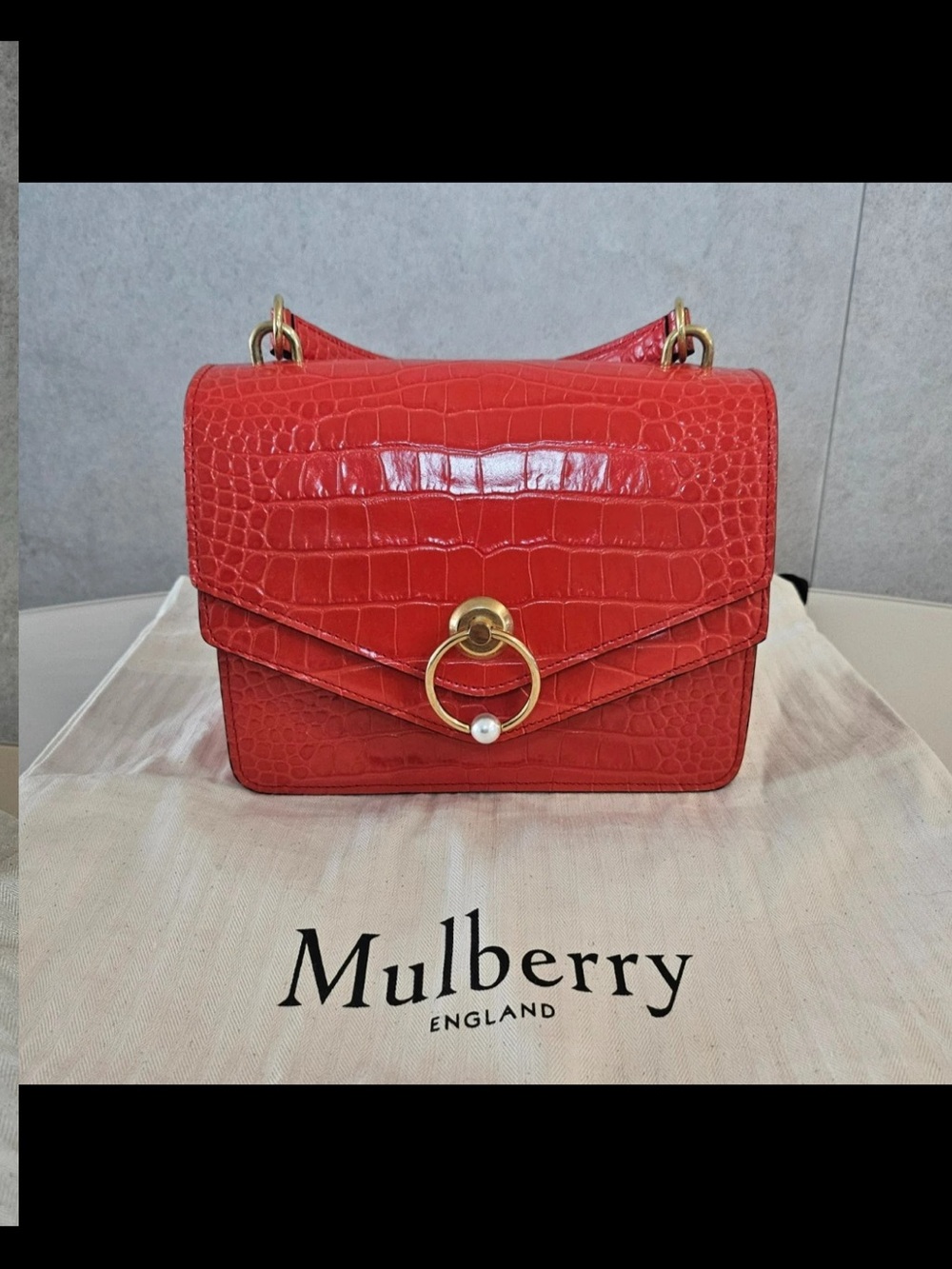 Mulberry Red Croc-Embossed Leather Crossbody with Gold Ring and Pearl